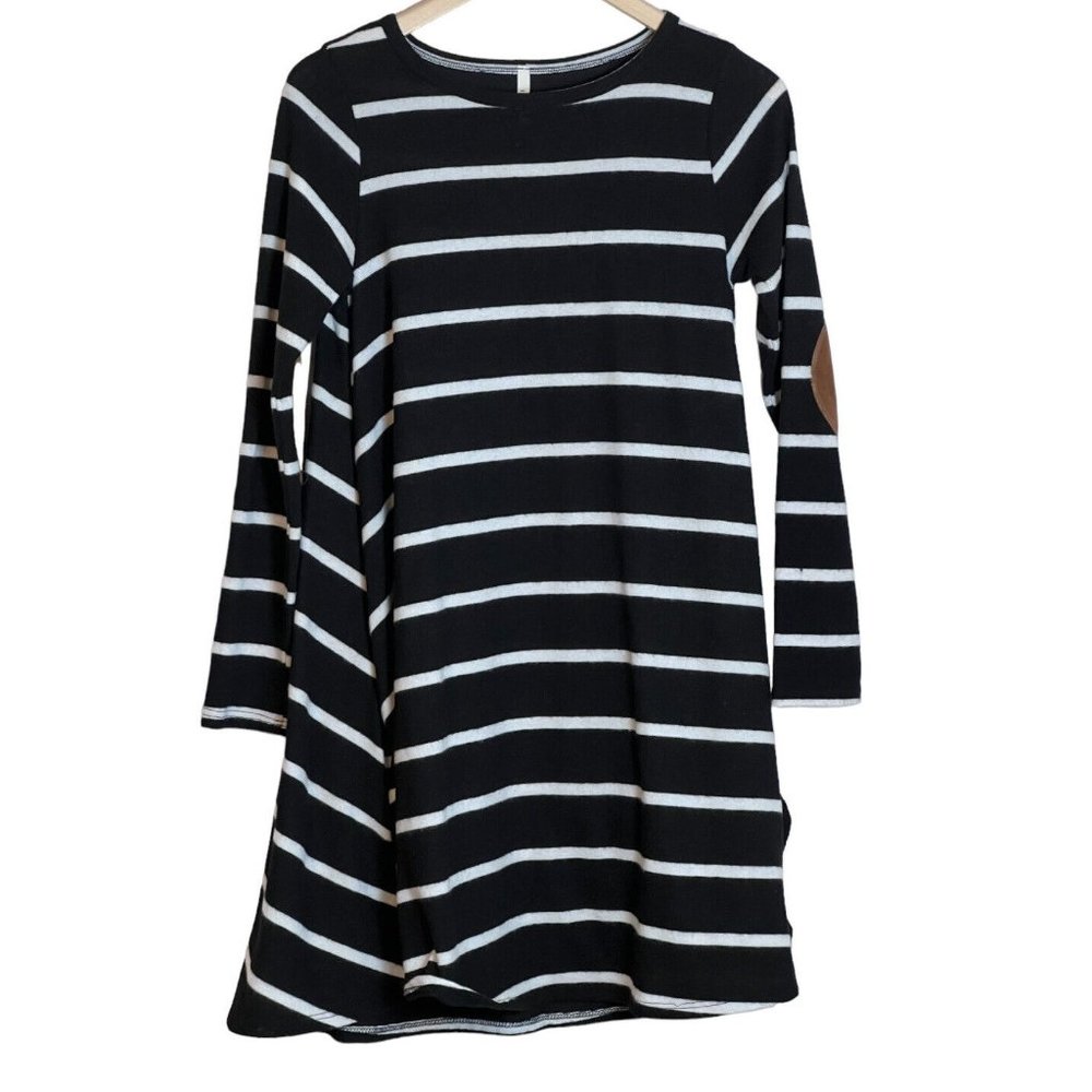 Bellamie Dress White Black Striped Elbow Patches Size Small